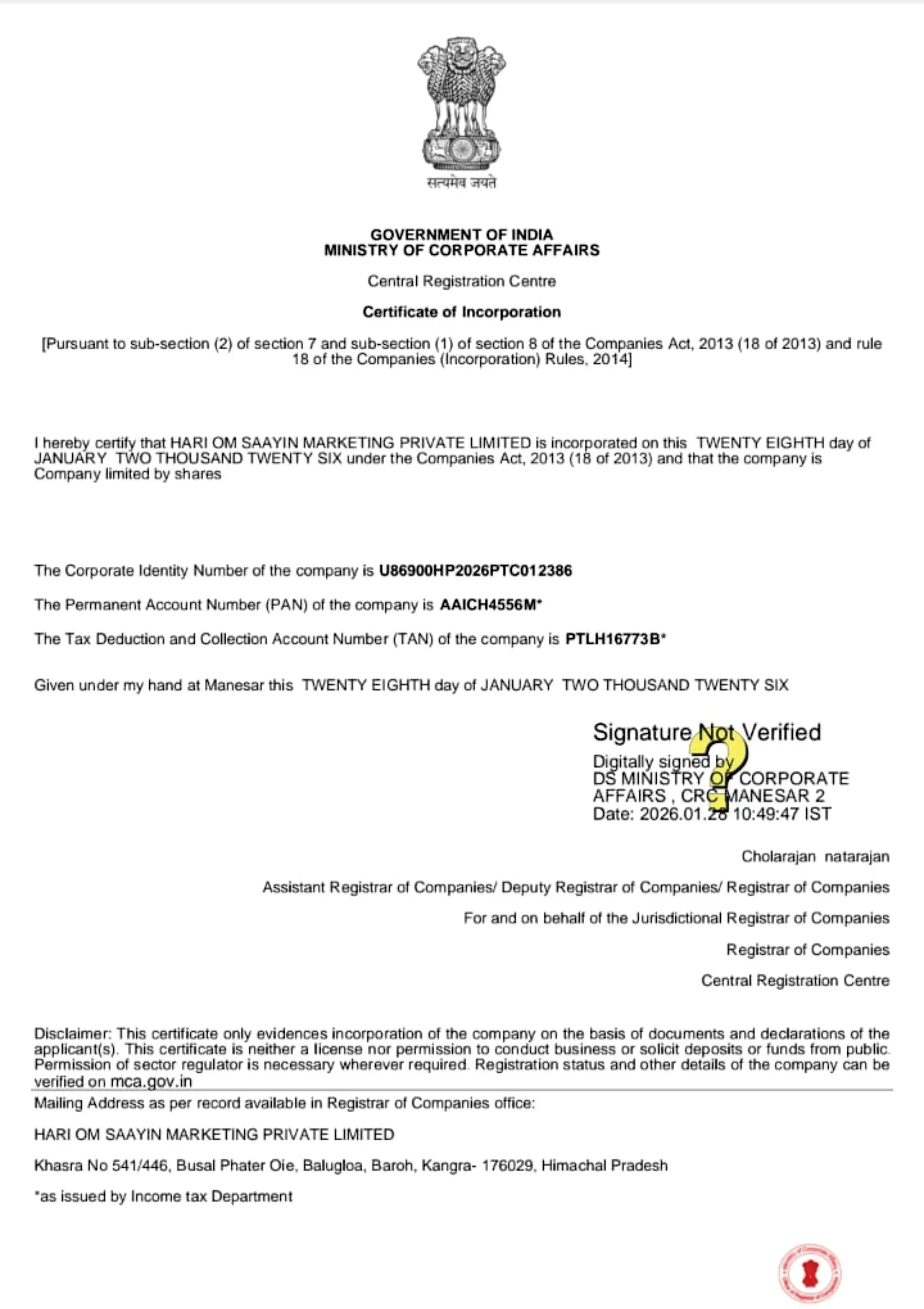 Company Registration Certificate